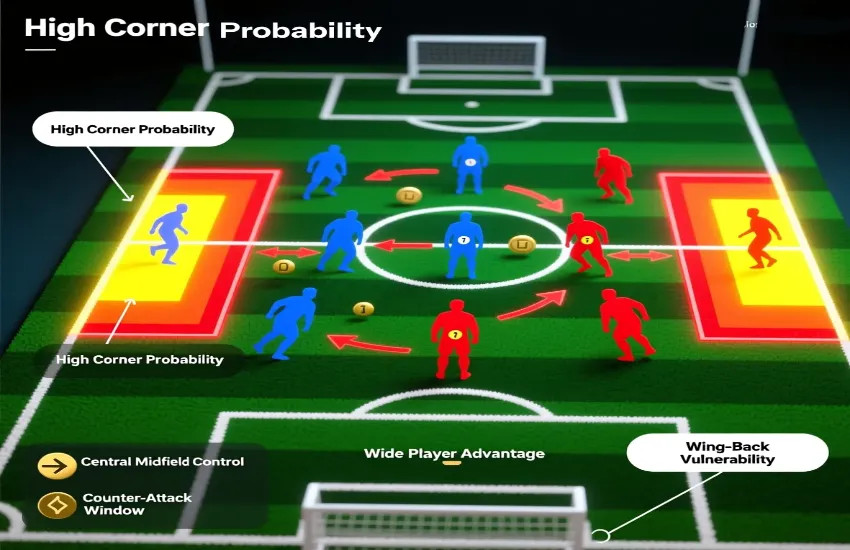 Football tactical pitch diagram showing formation matchup analysis with corner probability zones and referee statistics