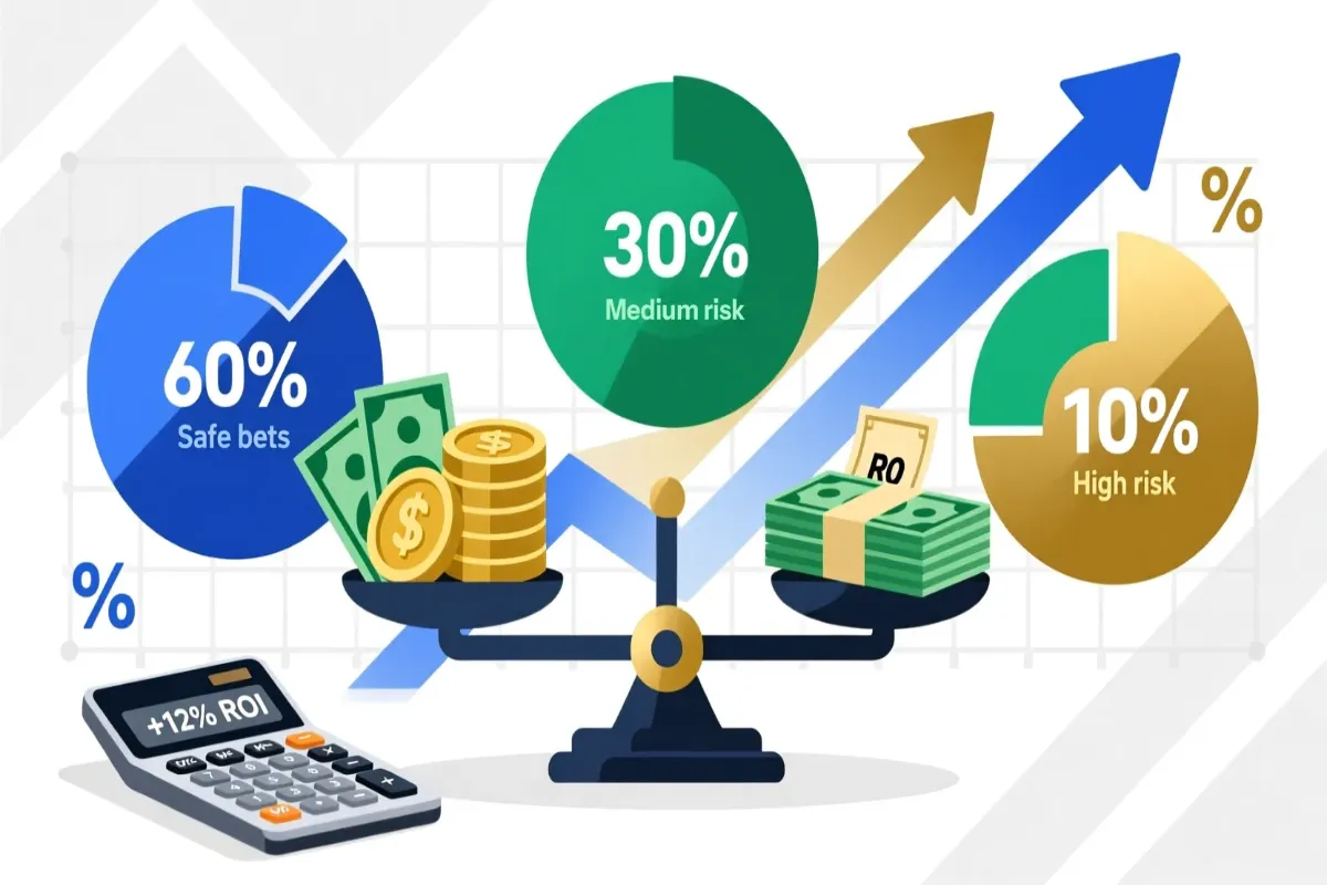 Professional bankroll management illustration showing balanced budget allocation, percentage-based staking, and financial planning strategies for sports betting