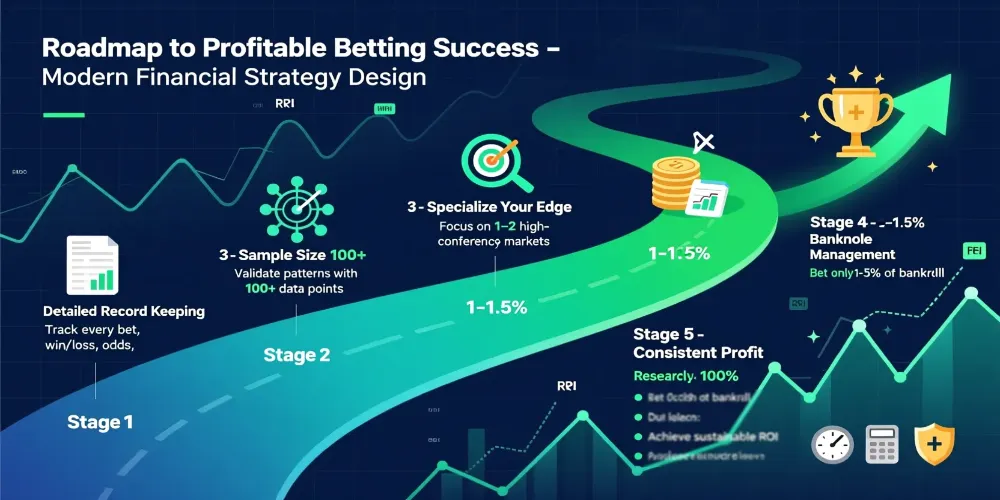 Success roadmap infographic showing five steps to consistent bet builder profit from record keeping to profitable results