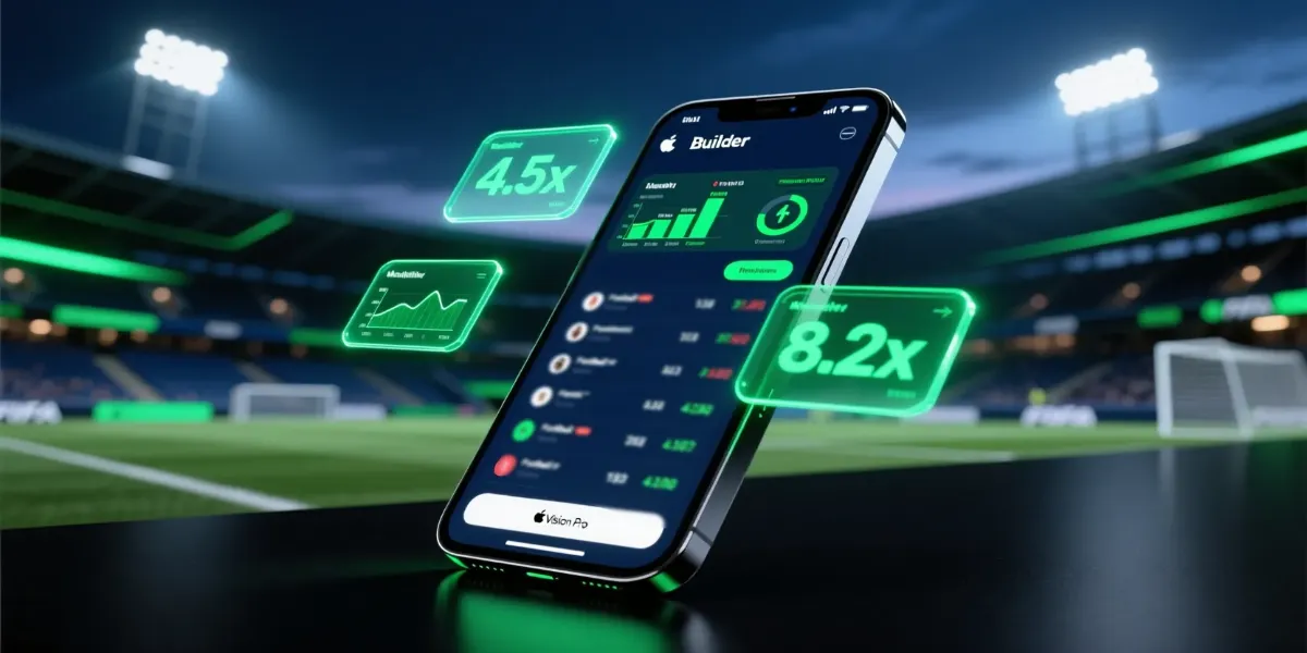 Professional bet builder interface on smartphone with football betting odds and stadium background