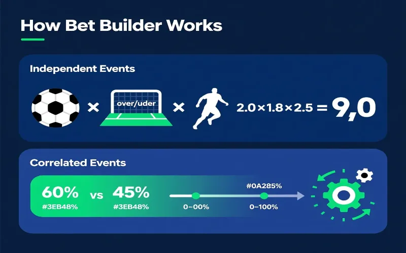 Educational diagram showing bet builder mechanics with correlation between match result, goals and player scoring selections
