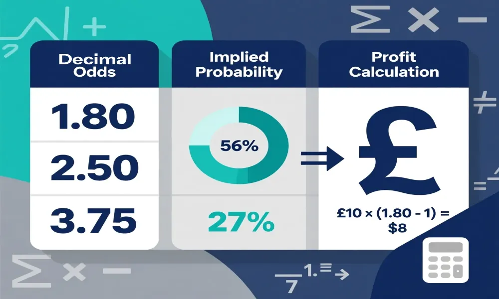 Infographic explaining betting odds calculation with decimal odds, implied probability percentages, and profit calculations