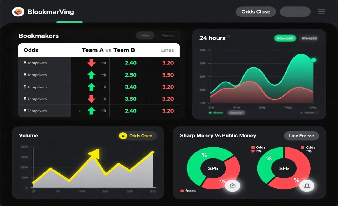 Professional betting odds analysis dashboard showing bookmaker comparison, odds movements, line graphs, and sharp money indicators