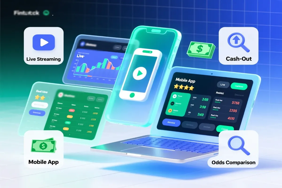 Modern comparison of betting platforms showing multiple bookmaker interfaces, odds comparison tables, mobile apps, and key features for sports betting