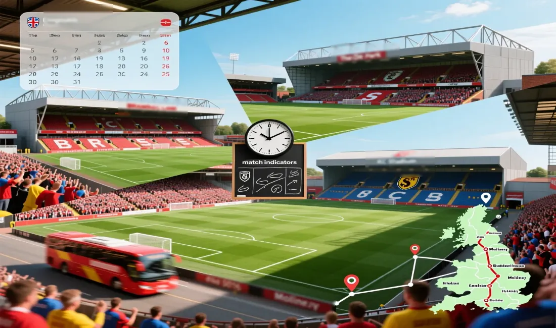 Championship football stadiums collage showing travel distances, fixture congestion, and tactical diversity factors affecting betting