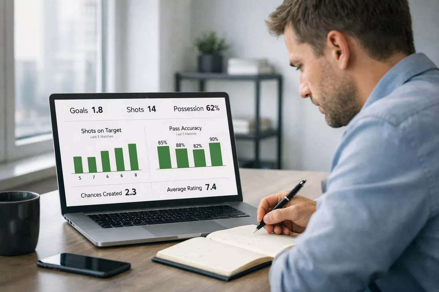 Sports analyst studying football performance data on a laptop screen