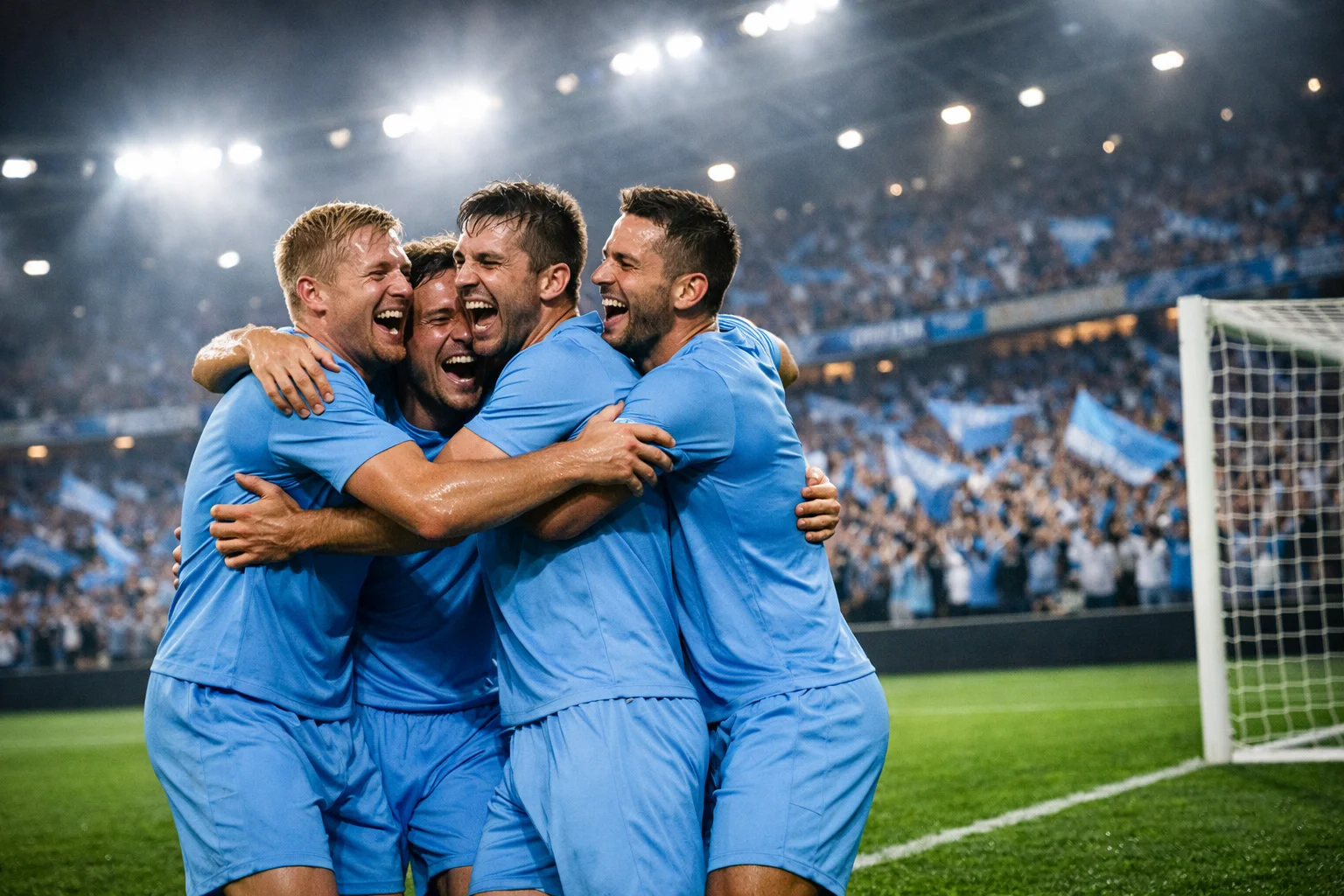 Coventry City players celebrating a goal at CBS Arena with packed stands in the background