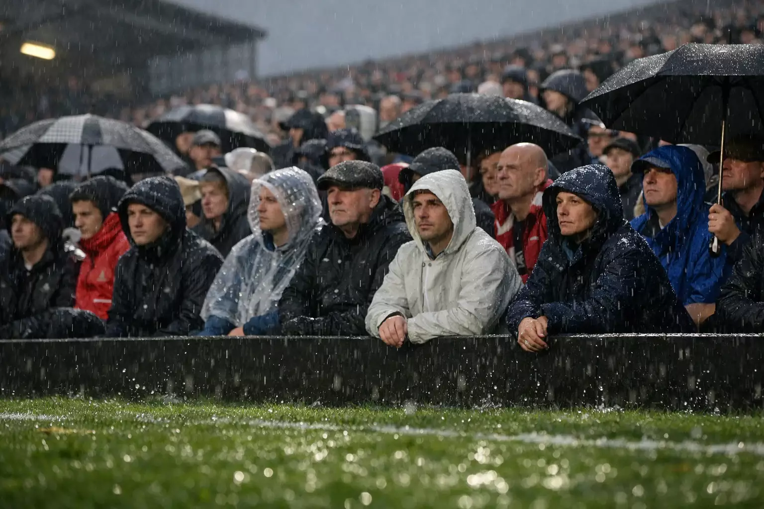 Football supporters watching a match in rainy weather at a stadium