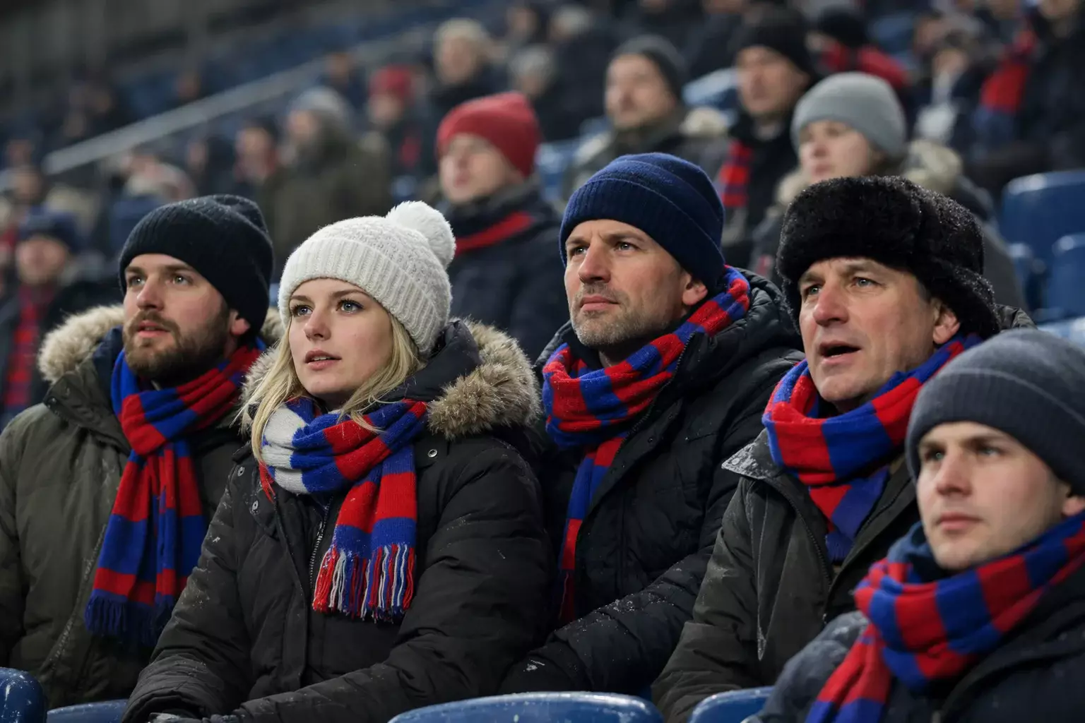 Football supporters wearing team scarves and winter hats watching a match from the stands