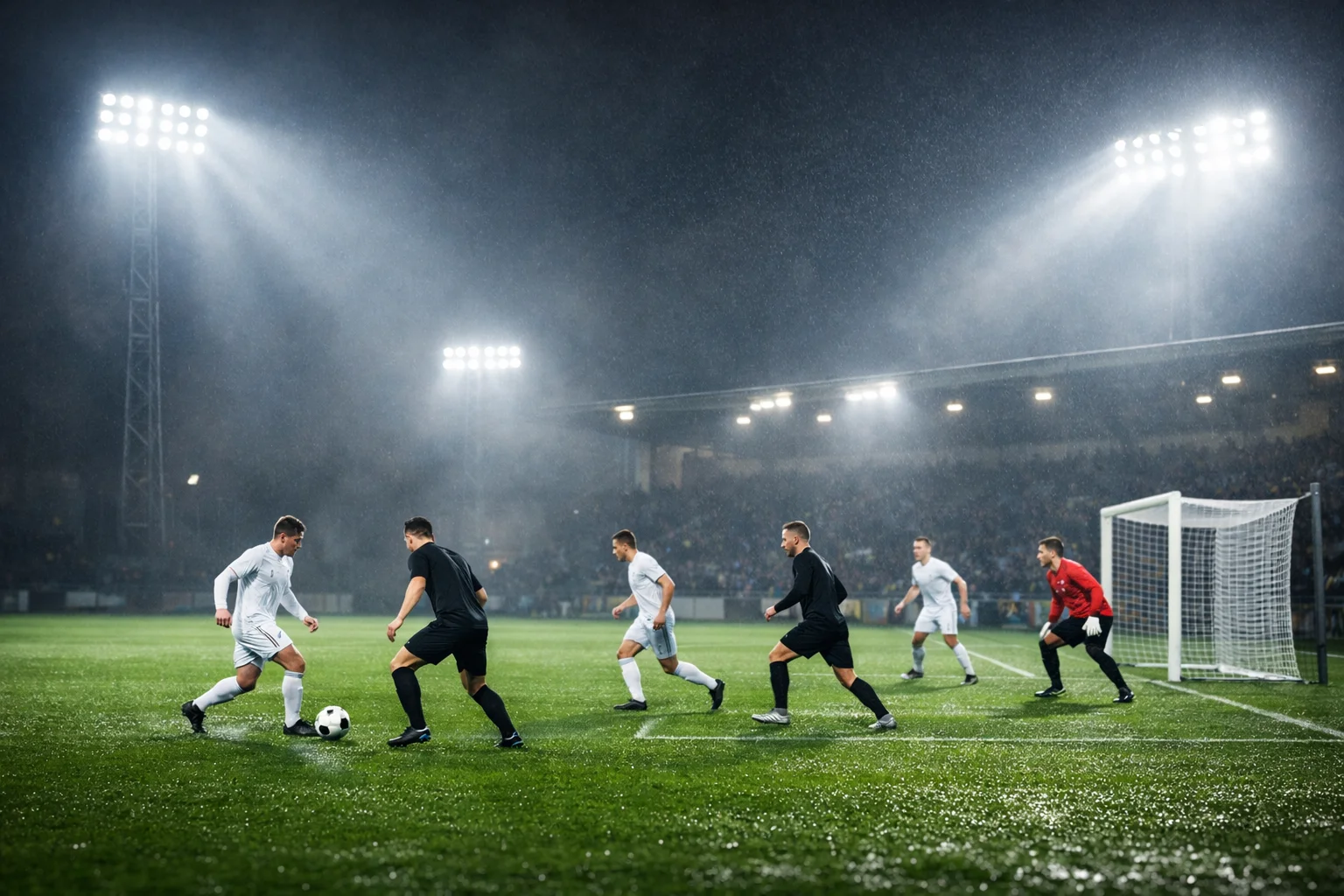 Football pitch illuminated by floodlights during an evening match with players in action