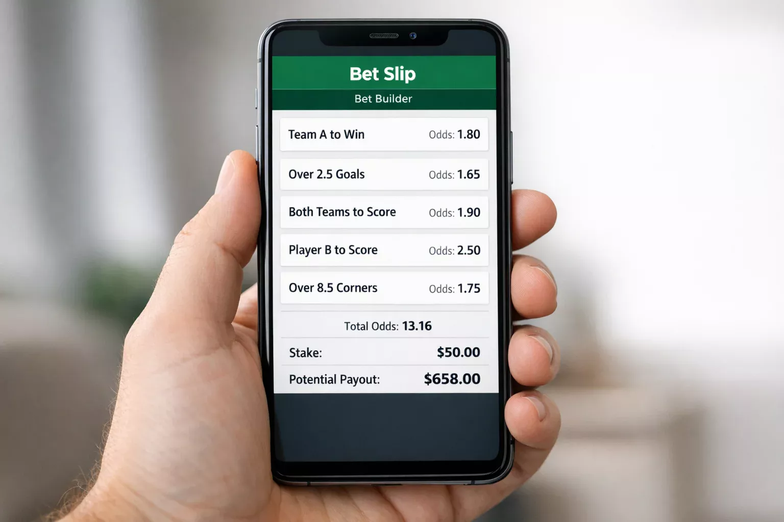 Smartphone displaying a betting slip with multiple selections on screen