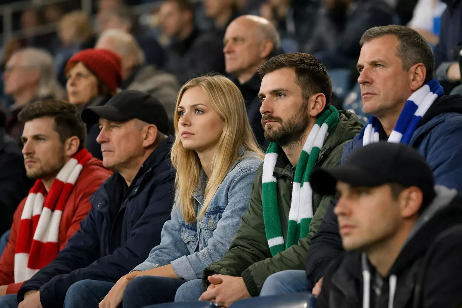 Football supporters watching a match intently from stadium seats