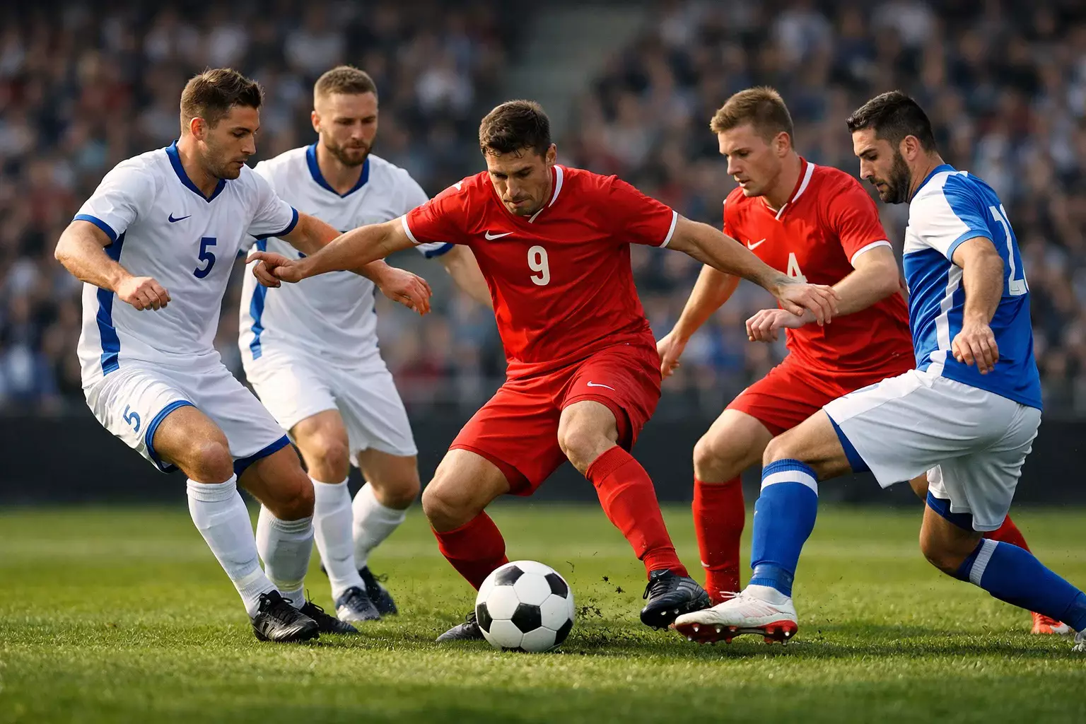 Football match action captured showing multiple players competing for the ball