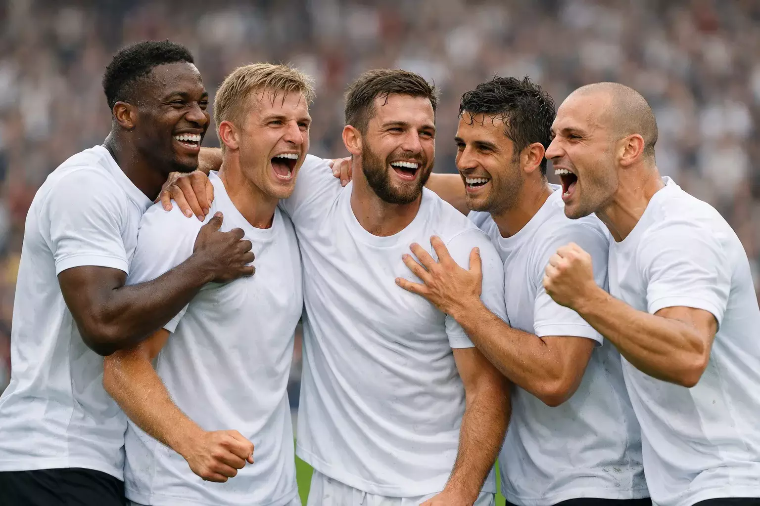 Football player celebrating with teammates after contributing to a goal