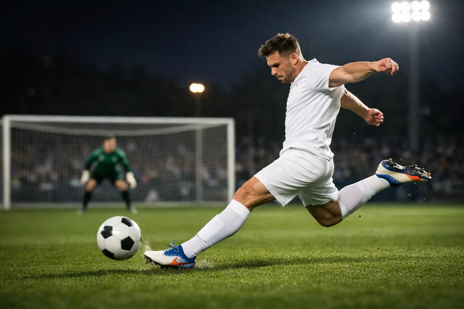 Football striker striking the ball towards goal during a match