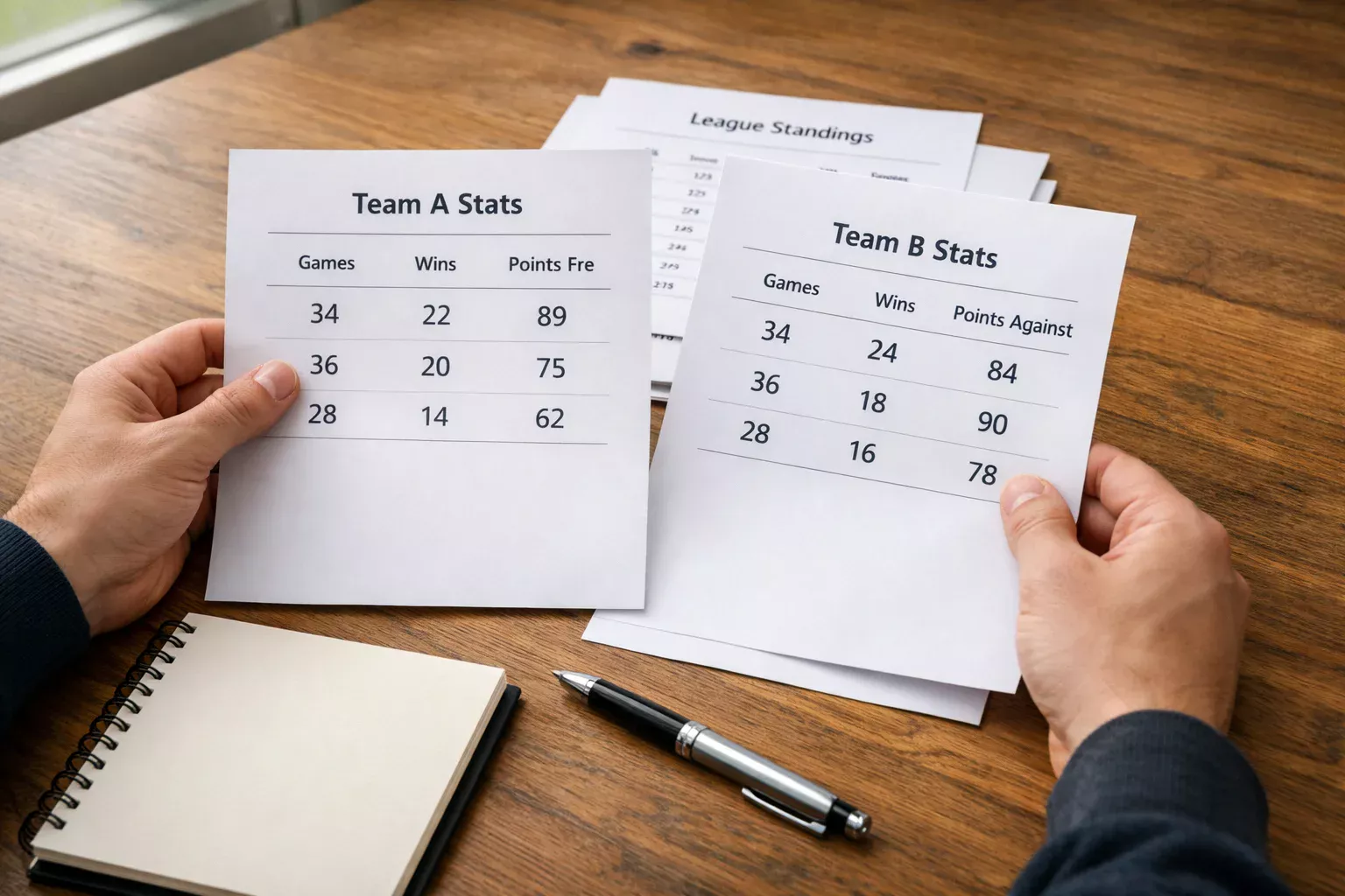 Person comparing sports data and statistics on paper documents at a desk