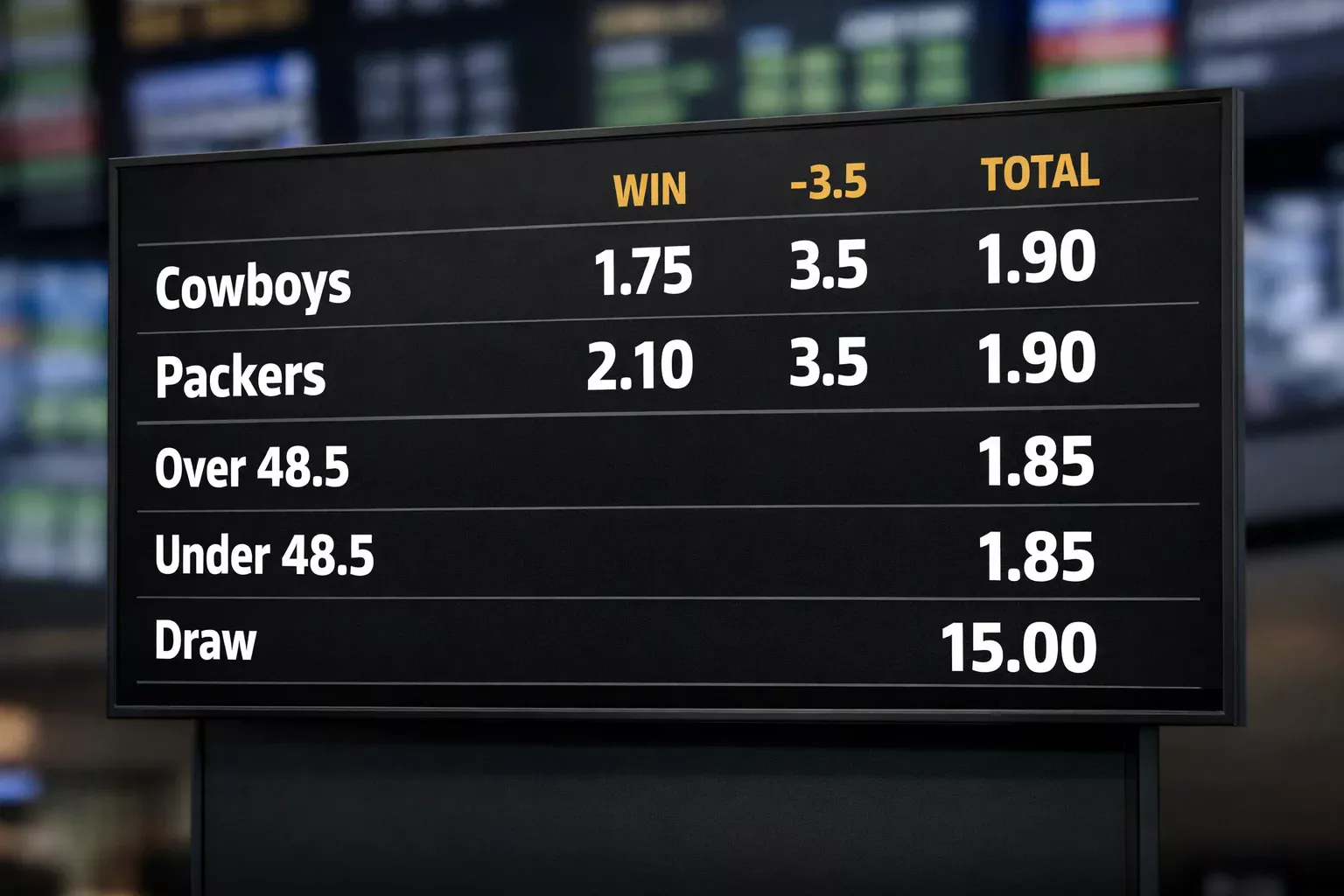 Bookmaker odds board showing various betting markets and prices