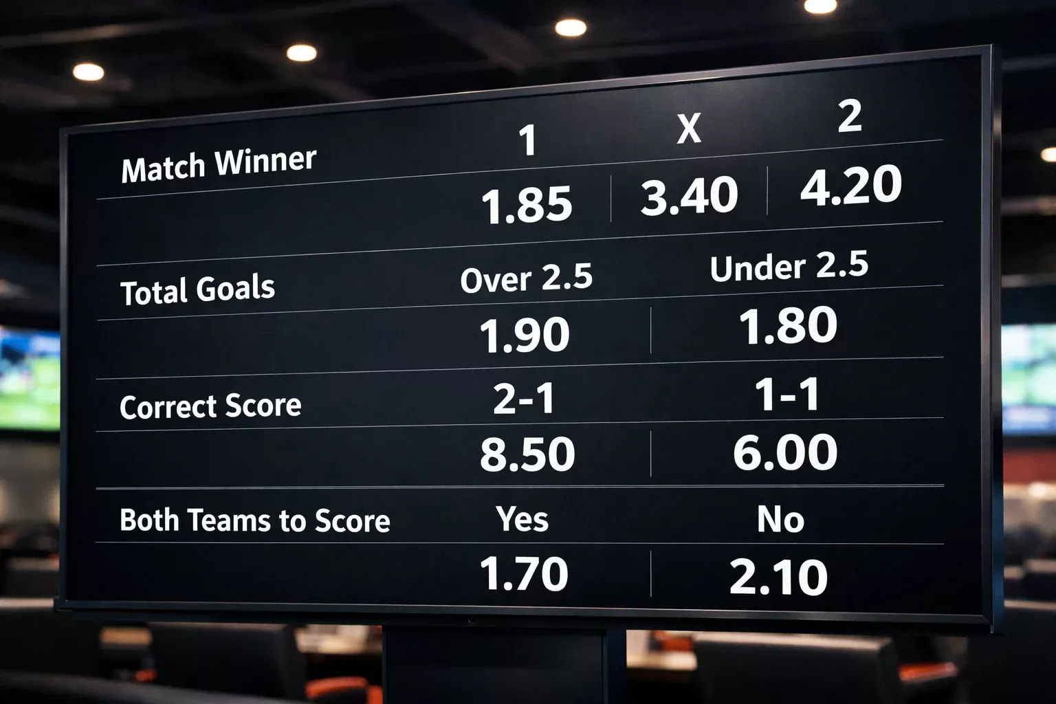 Sports betting odds displayed on a digital screen showing various market prices