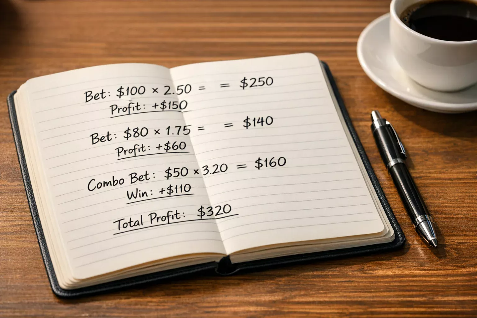 Notebook with handwritten betting calculations and notes on a desk