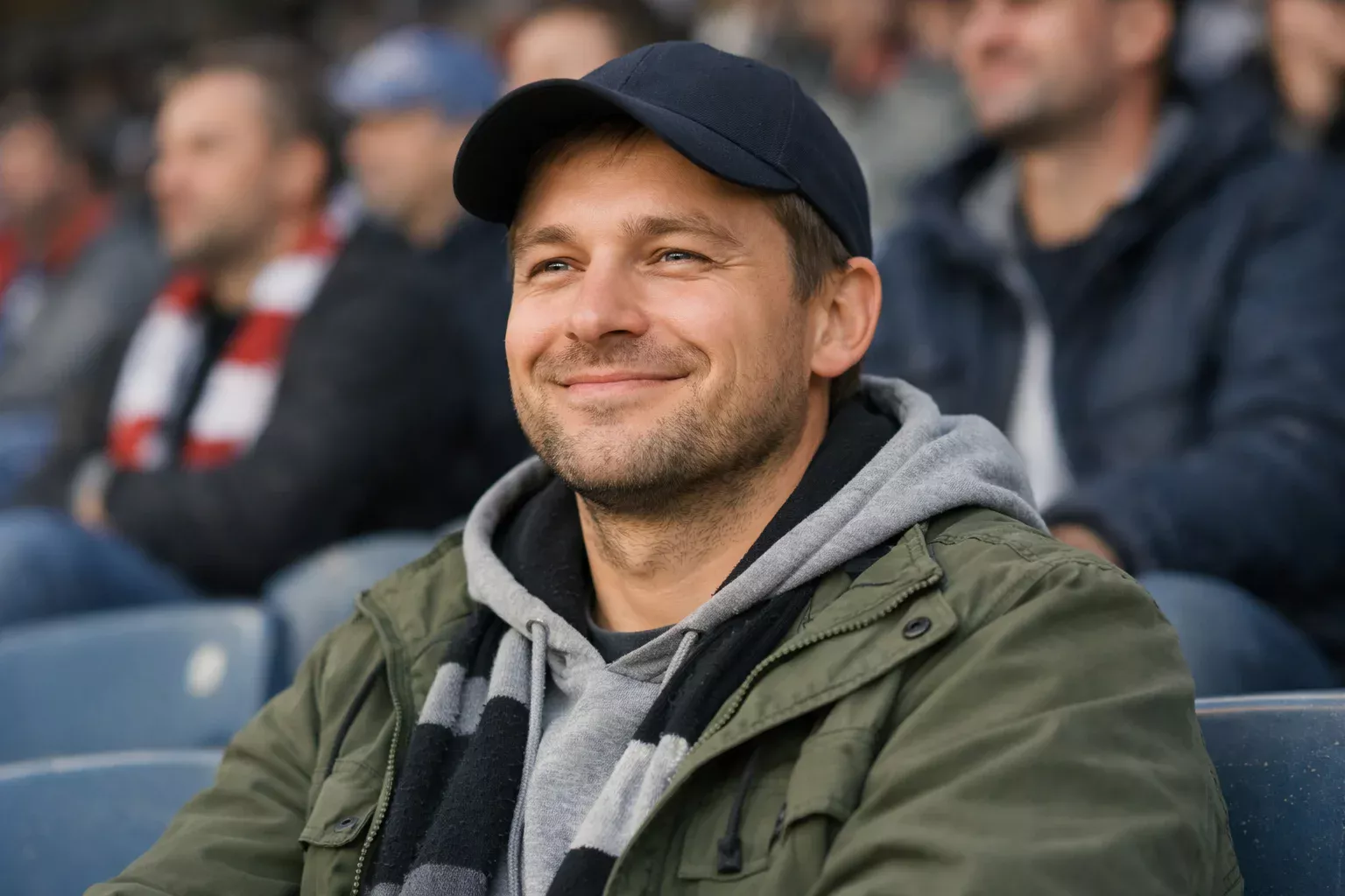 Satisfied football supporter in stadium seating with a content expression