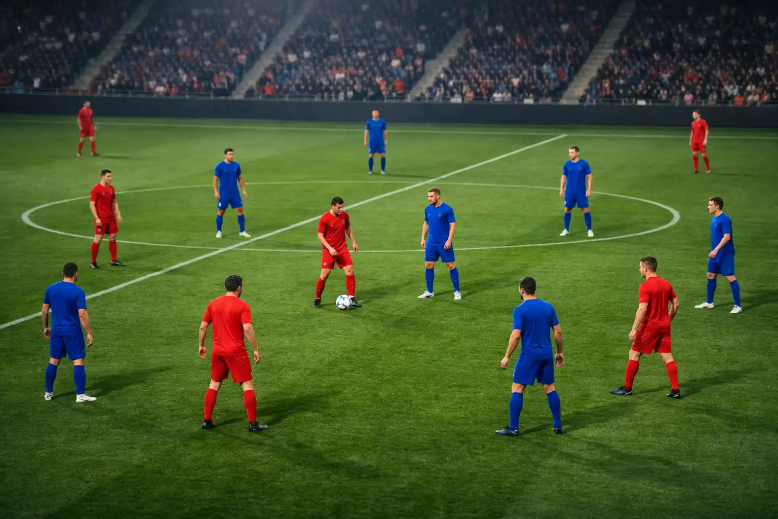 Football match in progress with players positioned across the pitch during controlled play