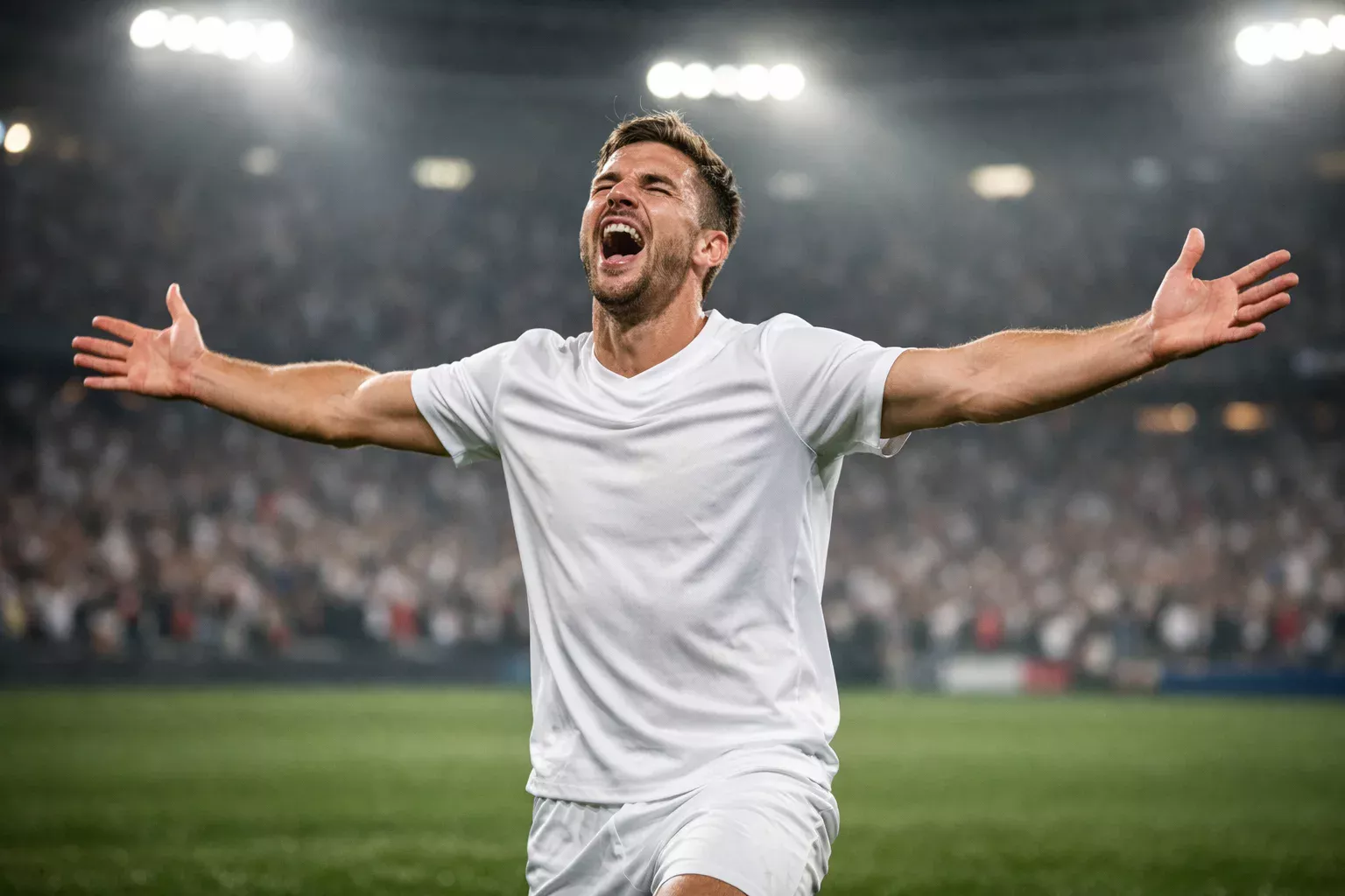 Football player in dramatic goal celebration with arms outstretched on the pitch