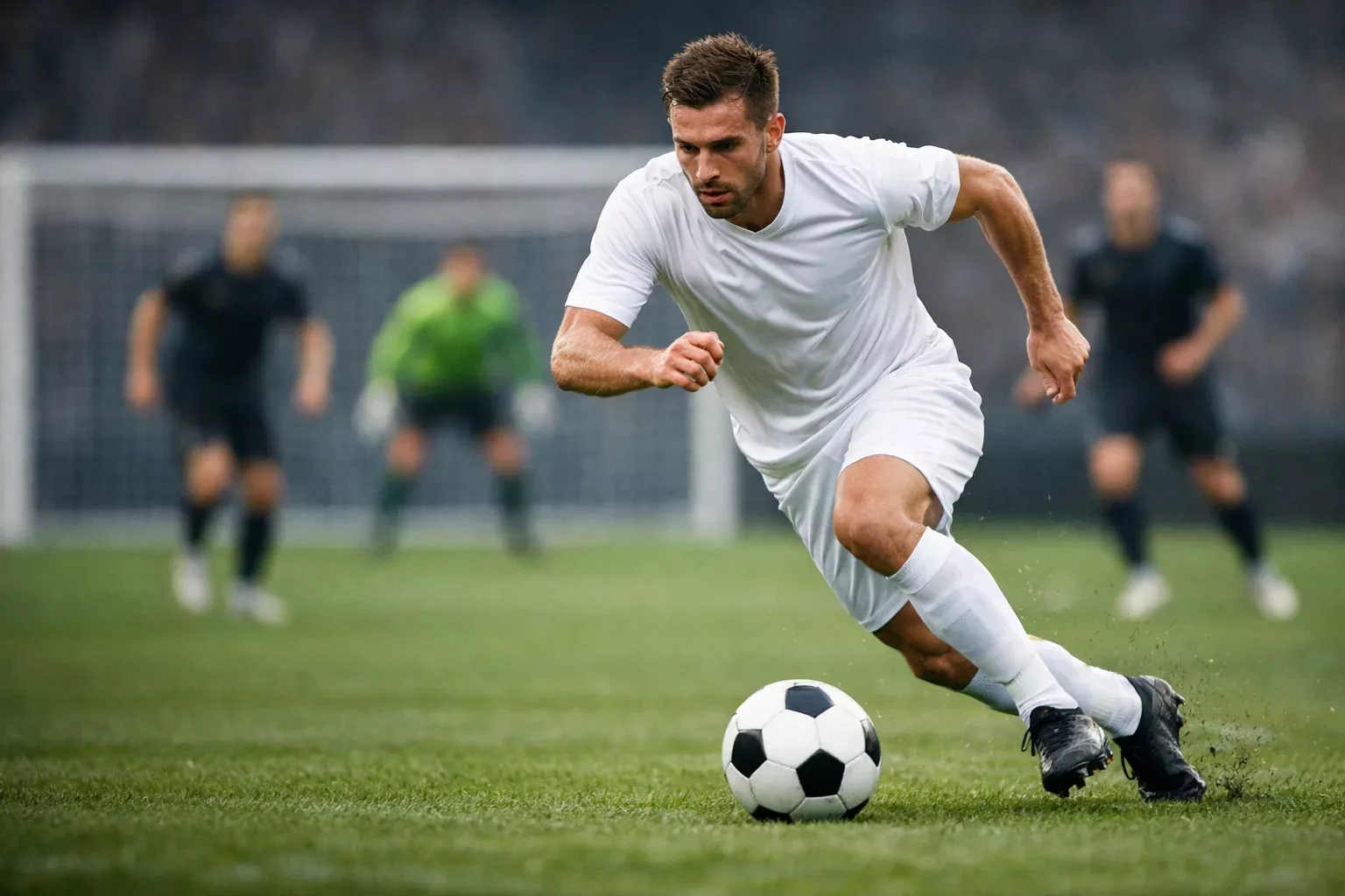 Football forward making an attacking run towards goal with determination