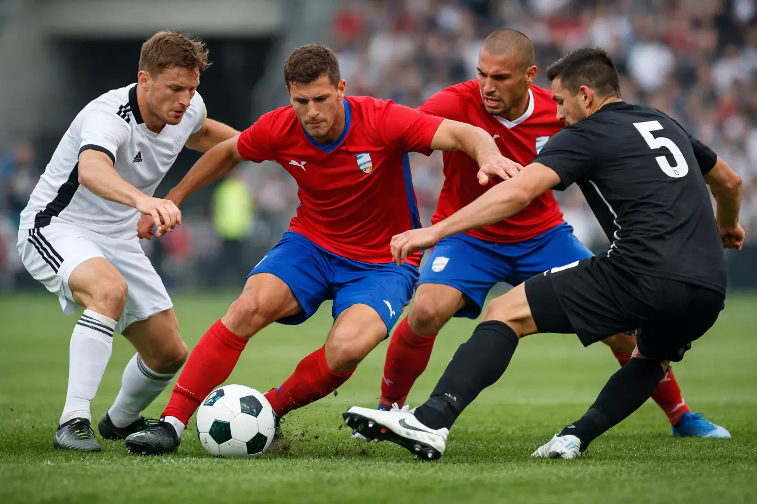 Intense moment during a football match with players competing fiercely for possession