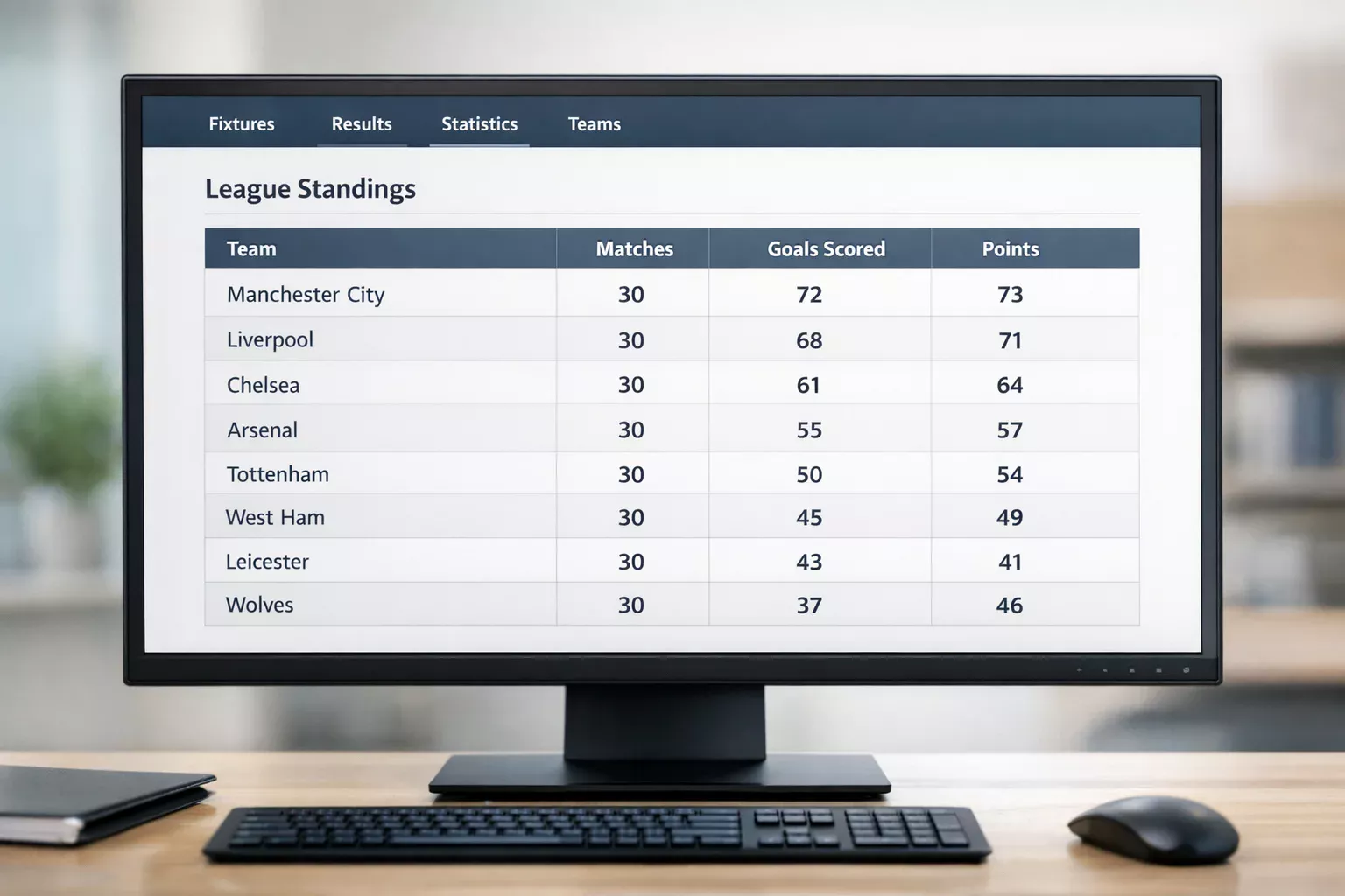 Computer screen showing a football statistics website with team data