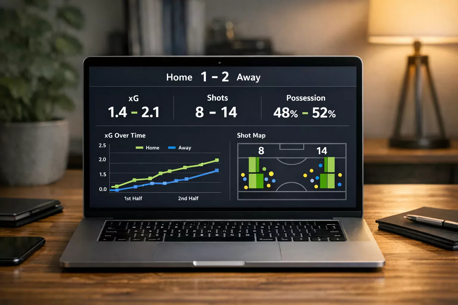 Laptop computer displaying football match analysis with statistics and data
