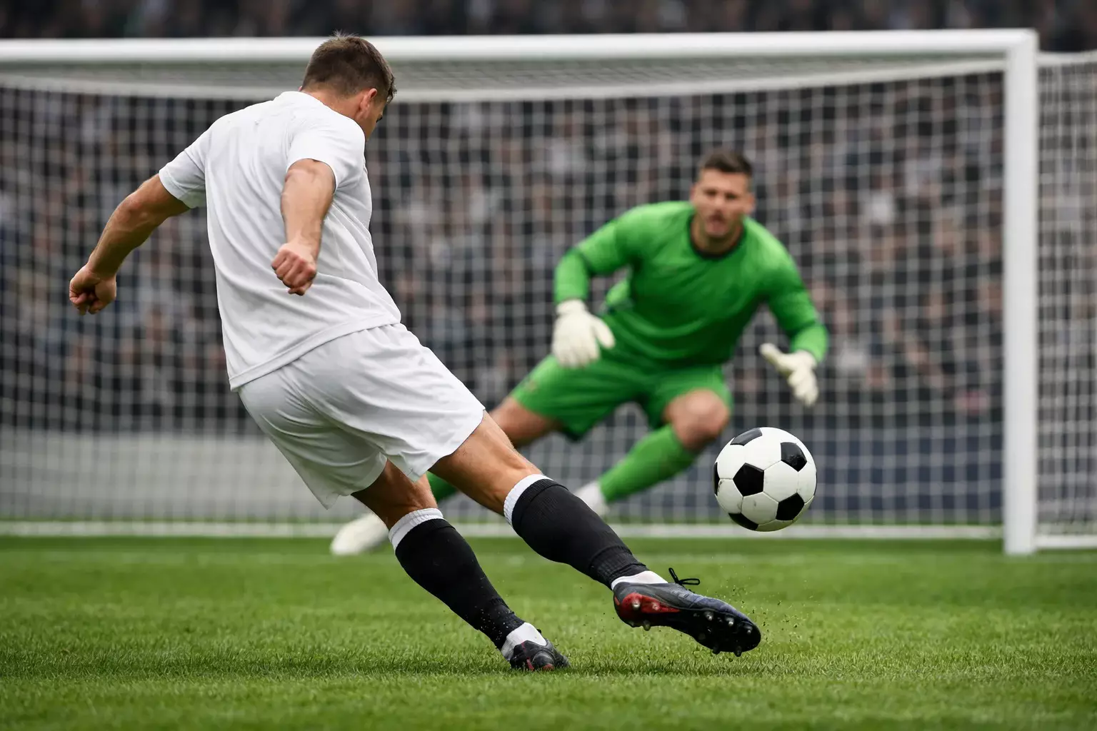 Football striker taking a shot on goal from inside the penalty area