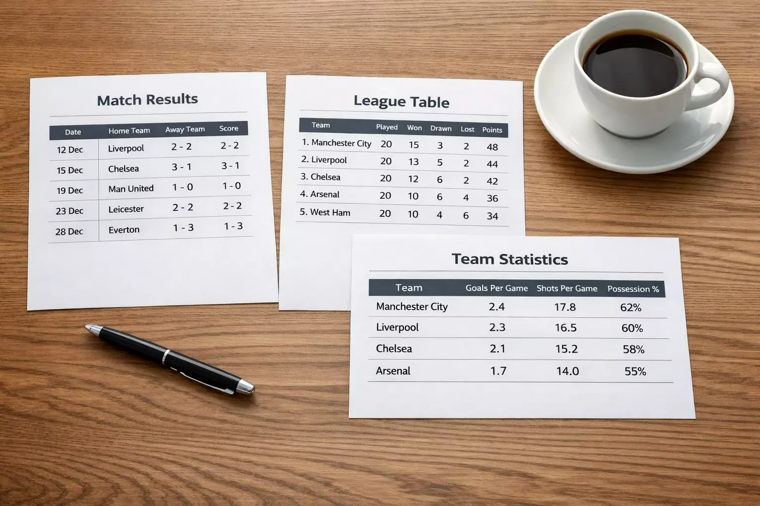 Football statistics and data printed on documents spread across a desk