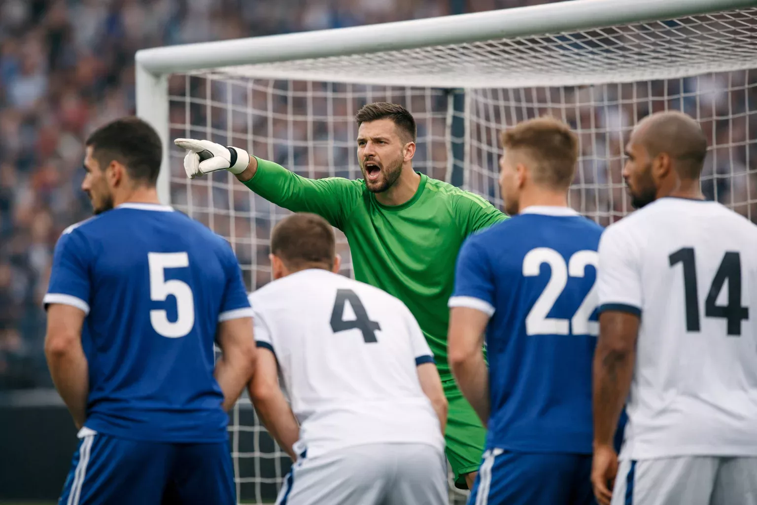 Goalkeeper directing and organizing the defensive wall during a match
