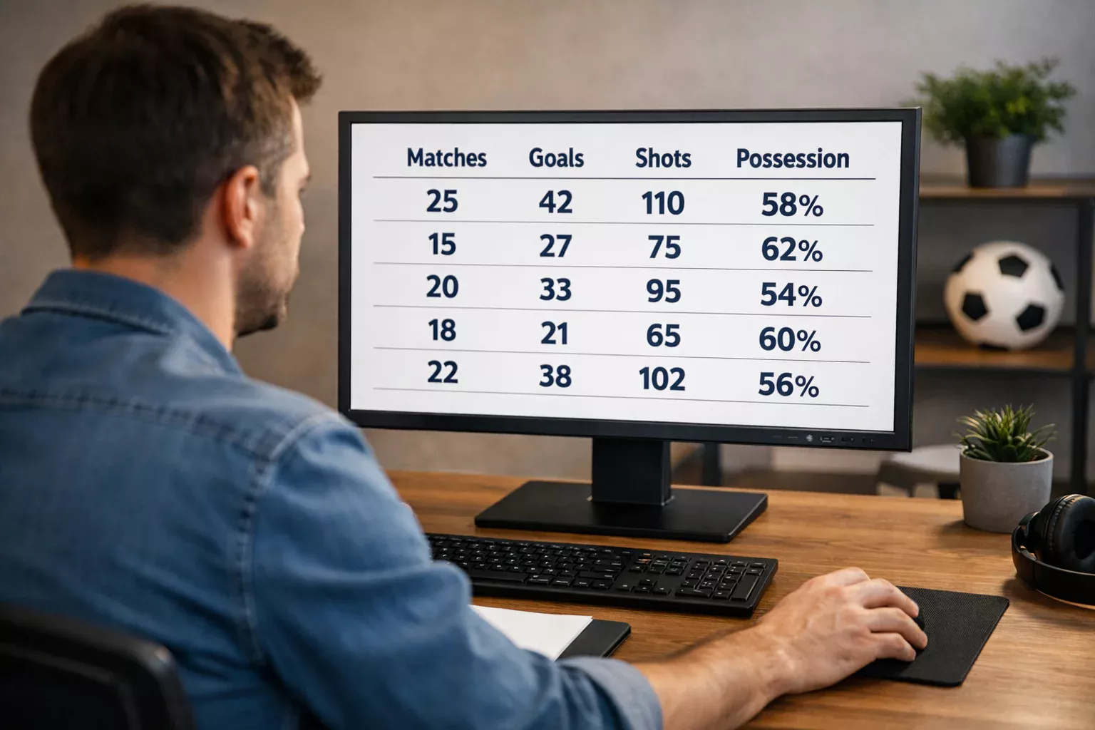 Person reviewing a spreadsheet with football data on a computer screen
