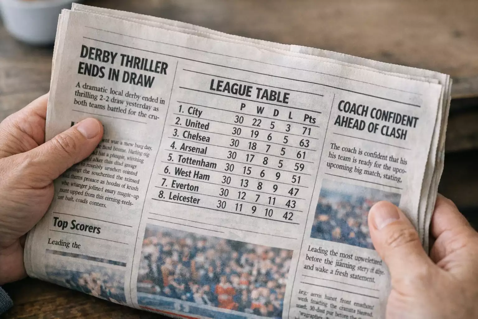Football league table printed in a newspaper showing team standings