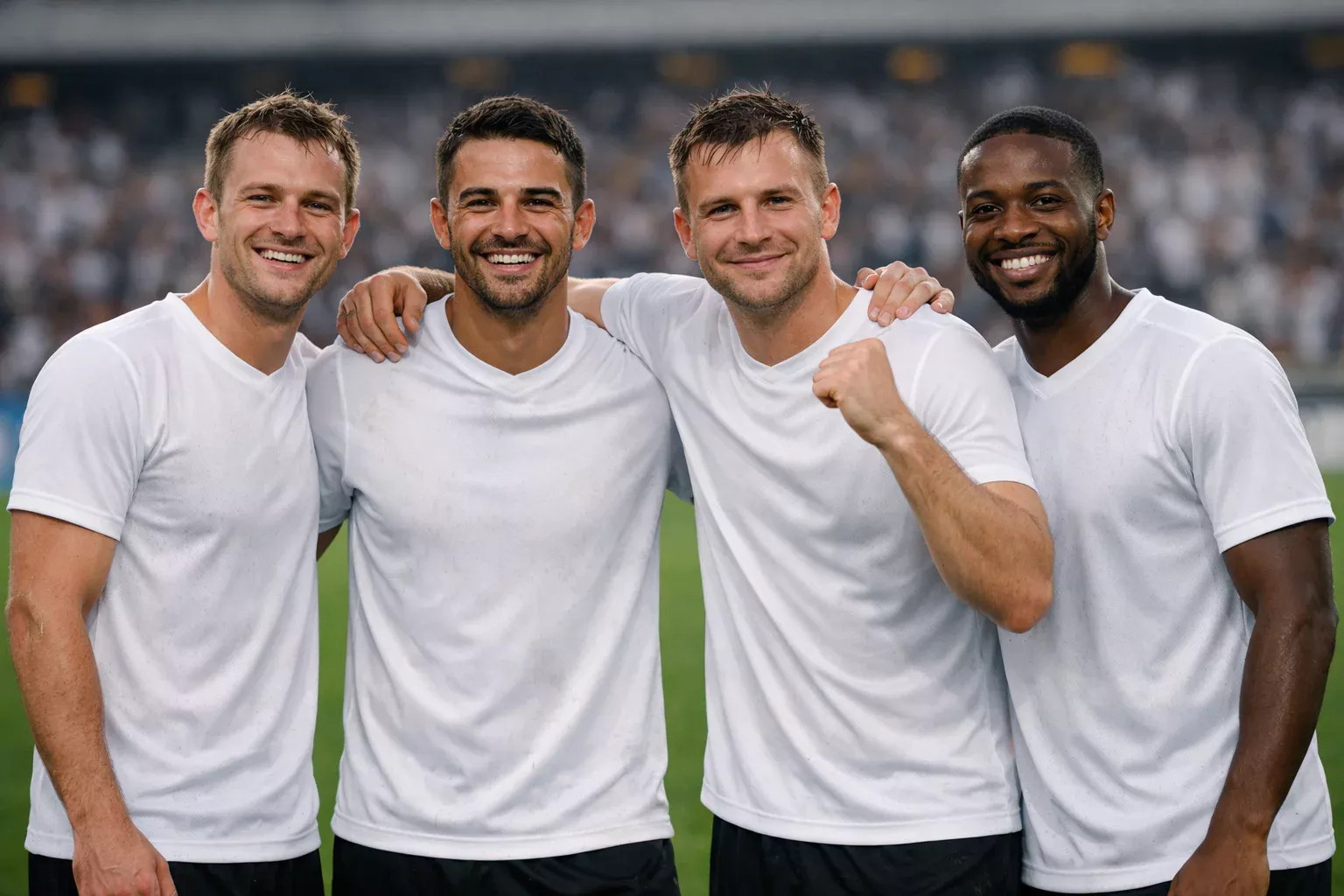 Football team celebrating a victory together on the pitch after a match