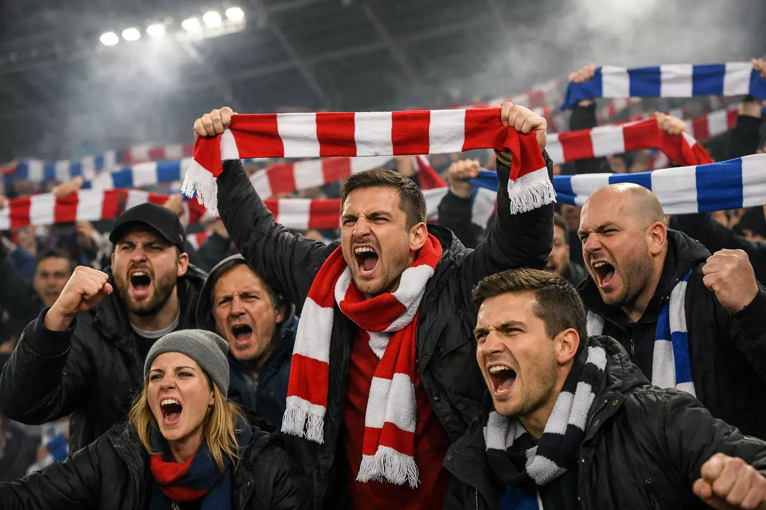 Intense atmosphere at a local derby match with passionate supporters in the stands