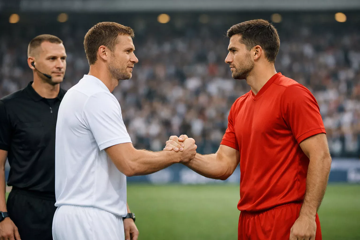 Captains of two rival football teams shaking hands before a match