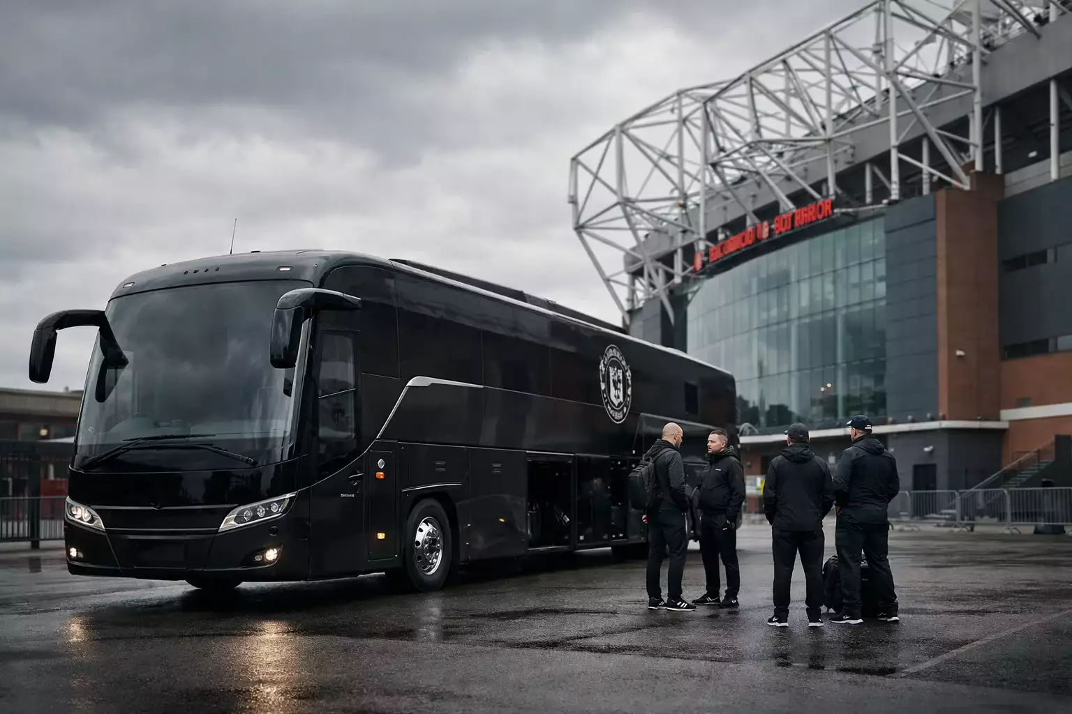 Football team coach bus arriving at an away stadium on matchday