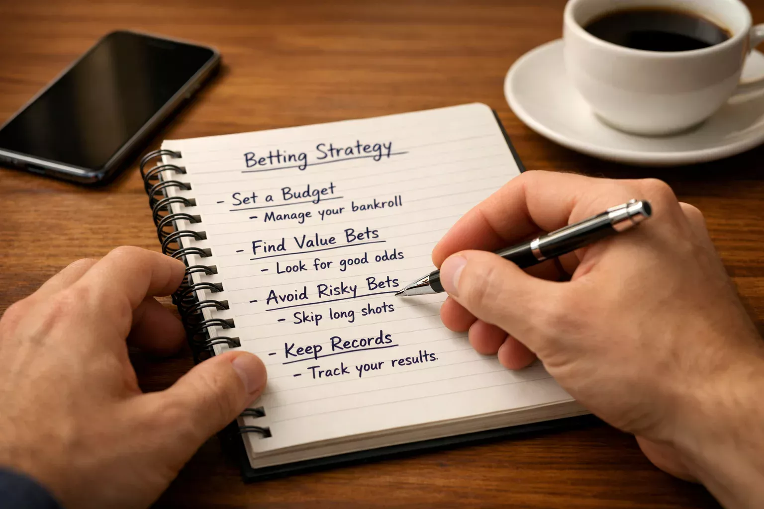 Person writing notes in a notebook with a pen while analyzing sports betting strategy