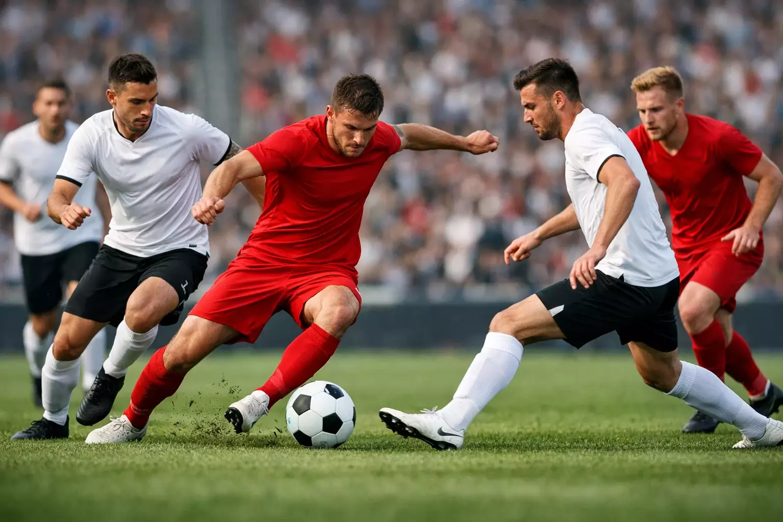 Intense football match action with players competing in real-time on the pitch