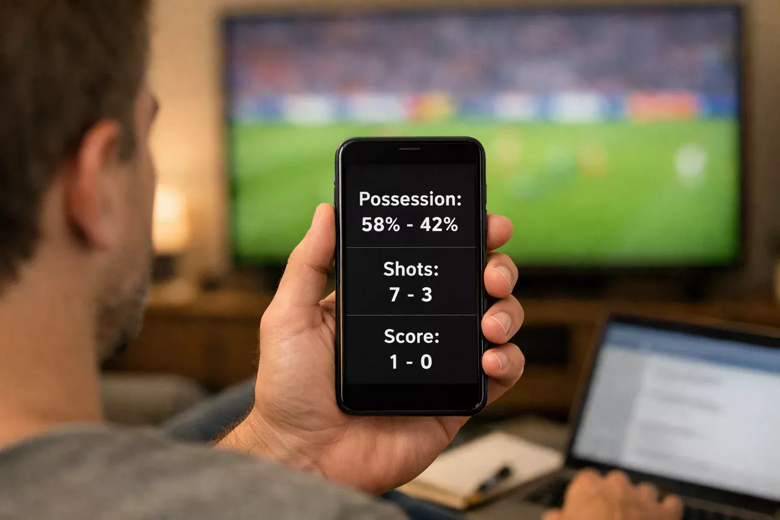 Person watching a football match while checking betting information on their phone