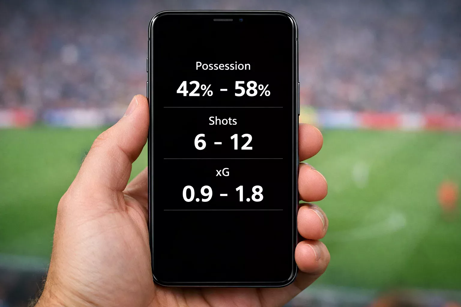 Smartphone screen displaying live football match statistics and data