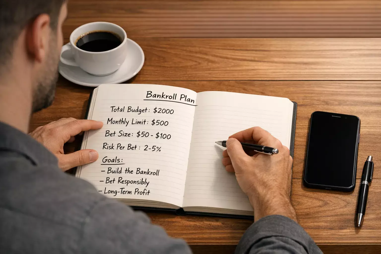 Person planning their betting bankroll with notebook and pen on a desk