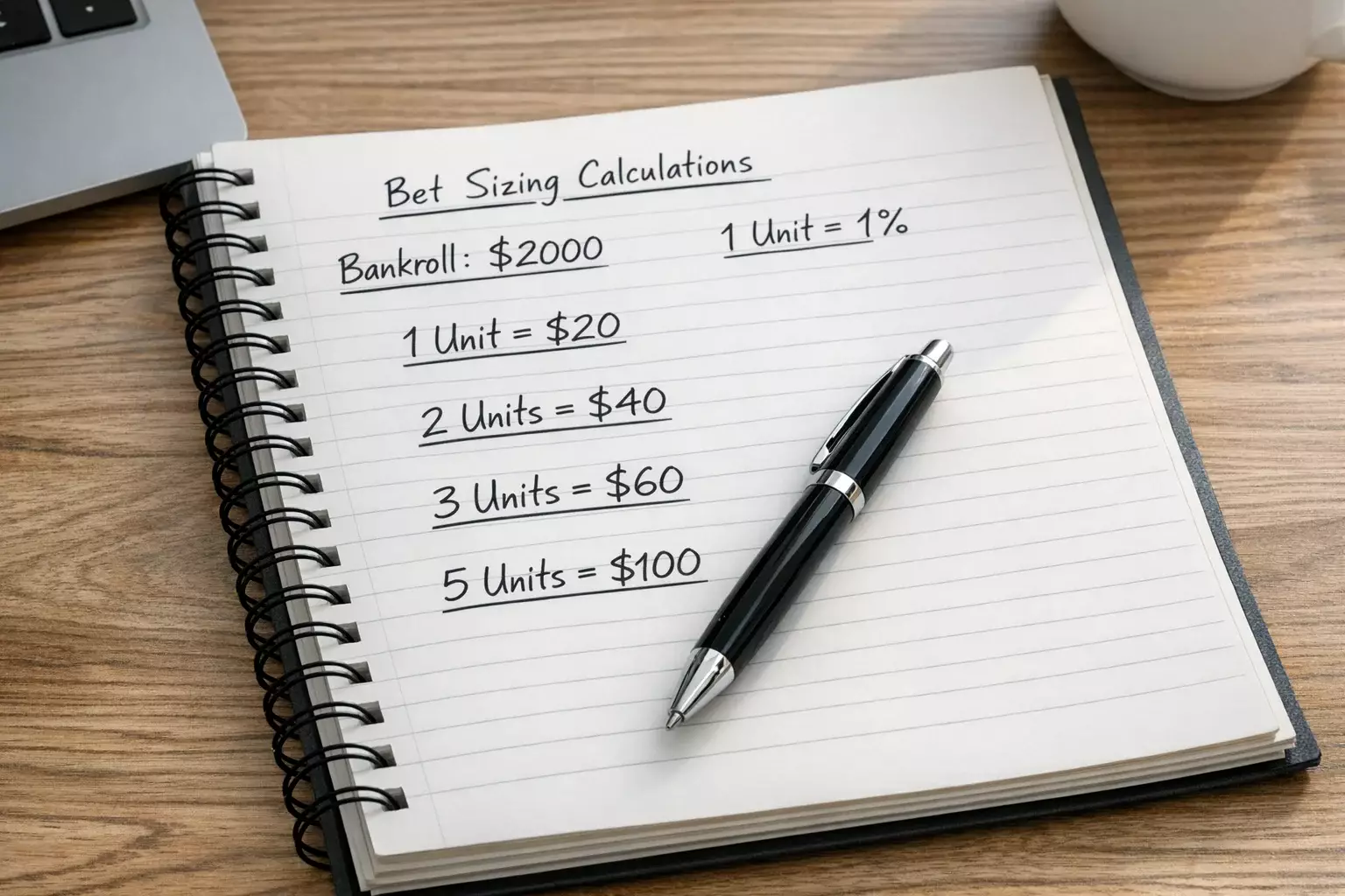 Notepad showing stake calculations and unit sizes written in pen