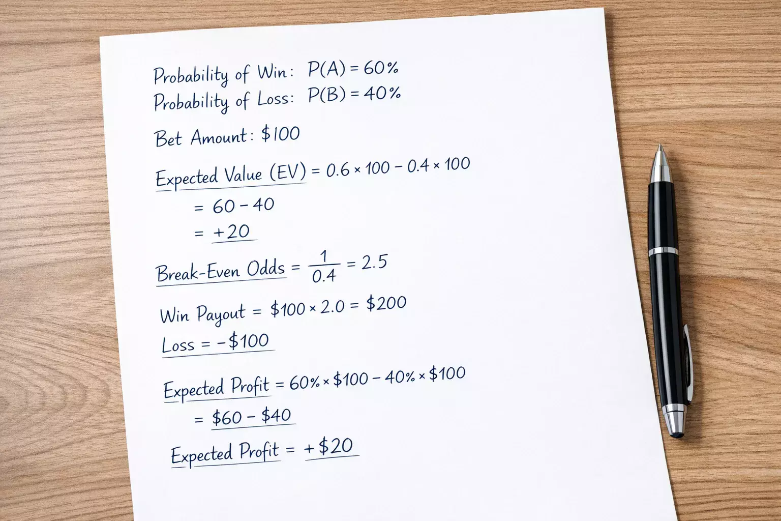Mathematical formulas and calculations written on paper for betting strategy