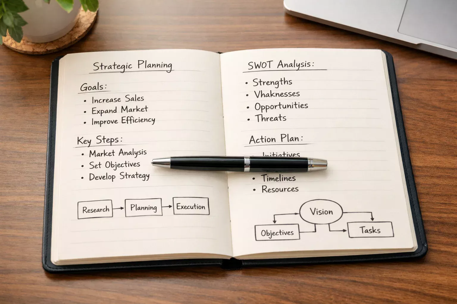 Strategic planning notes and diagrams written in a notebook