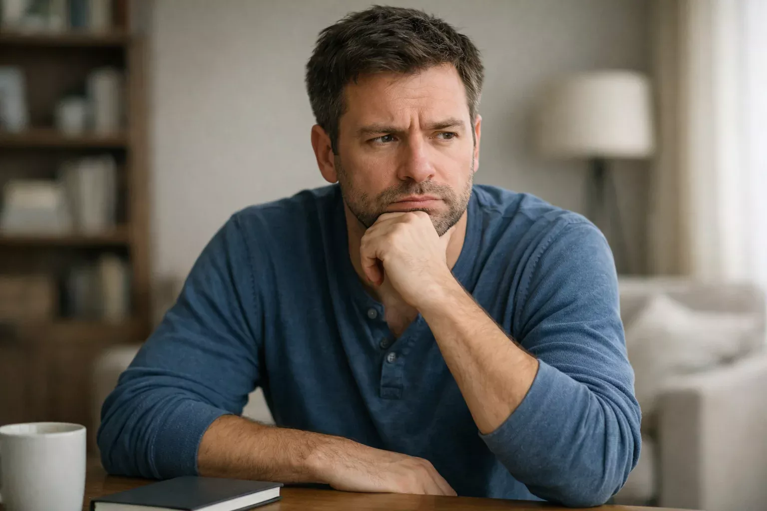 Person with a thoughtful frustrated expression sitting at a desk