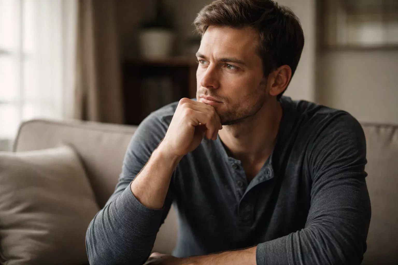 Person in deep contemplation looking away from camera in indoor setting