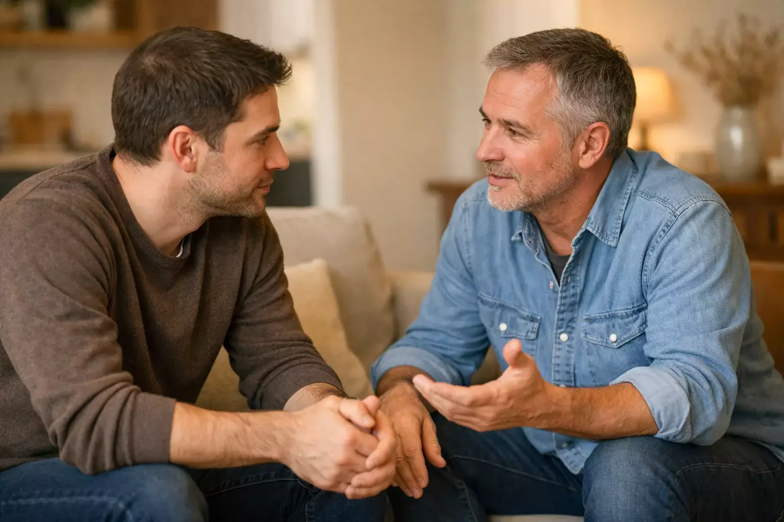 Two people having a supportive conversation in a calm indoor setting